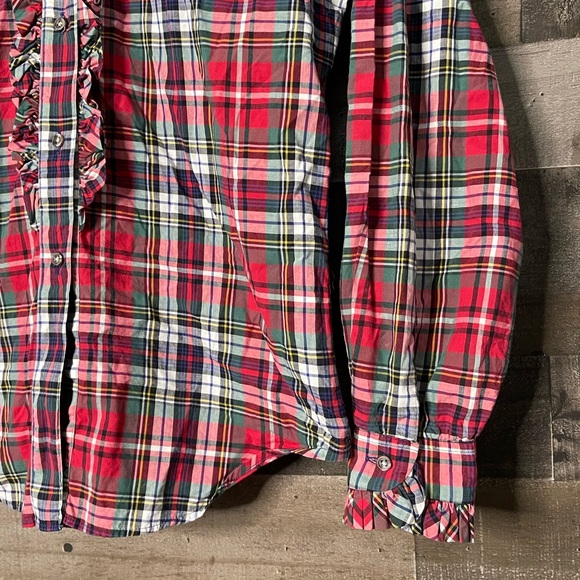 Plaid Ruffle Blouse Sz 10 Vintage Red Green Preppy Academia 1980s Chic - Picture 5 of 16